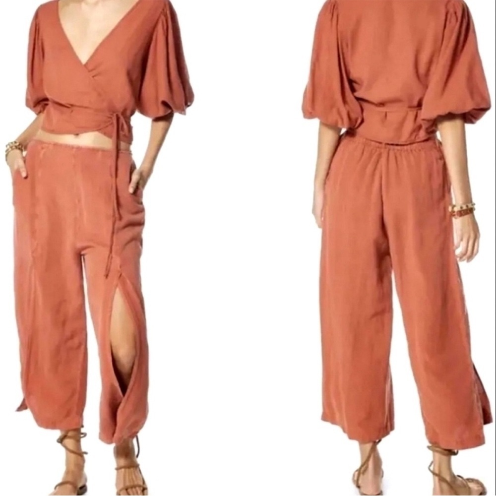 YFB Young Fabulous & Broke Cove Orange Linen Slit Wide Leg Pant Women's Size M - Picture 1 of 9